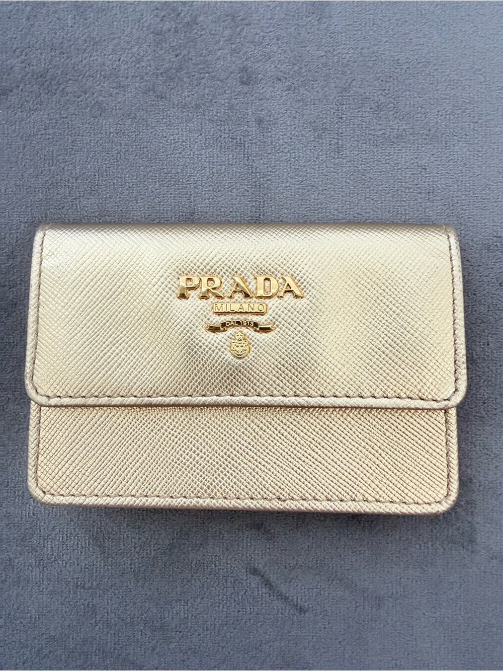 AUTHENTIC Prada Saffiano Leather Card Holder – Metallic Gold